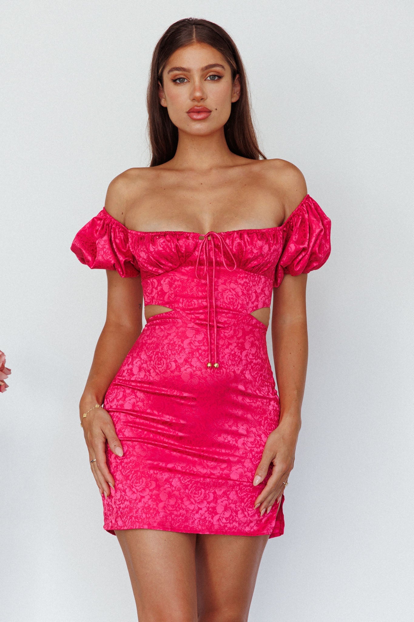 Eryn Puff Sleeve Jacquard Mini Dress Hot Pink