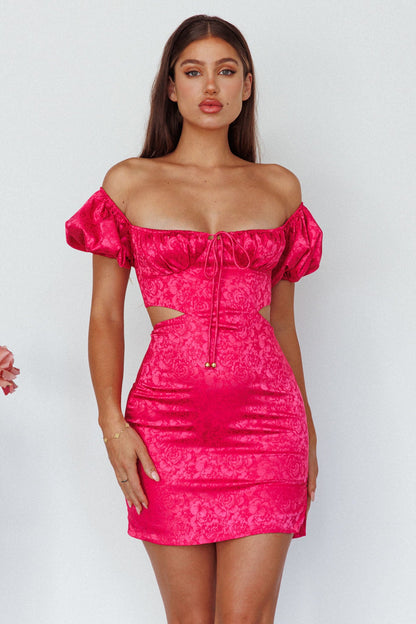 Eryn Puff Sleeve Jacquard Mini Dress Hot Pink