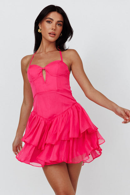 Tuscan Summer Flounce Mini Dress Hot Pink