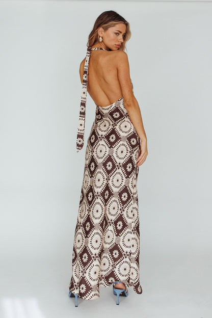 Lavara Halterneck Midi Dress Floral Chocolate