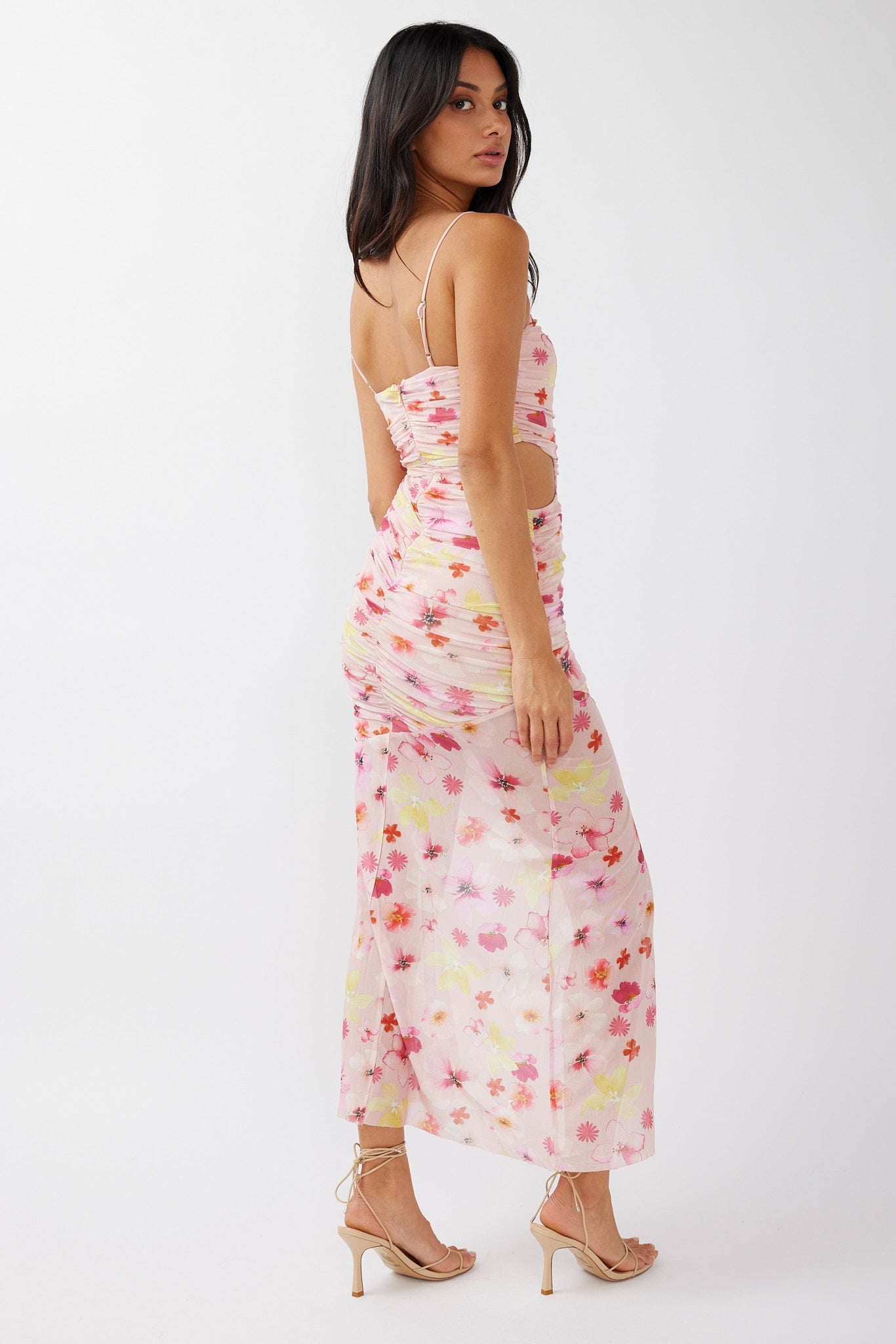 Kindred Soul Ruched Mesh Midi Dress Floral Pink