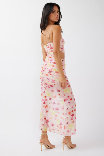 Kindred Soul Ruched Mesh Midi Dress Floral Pink