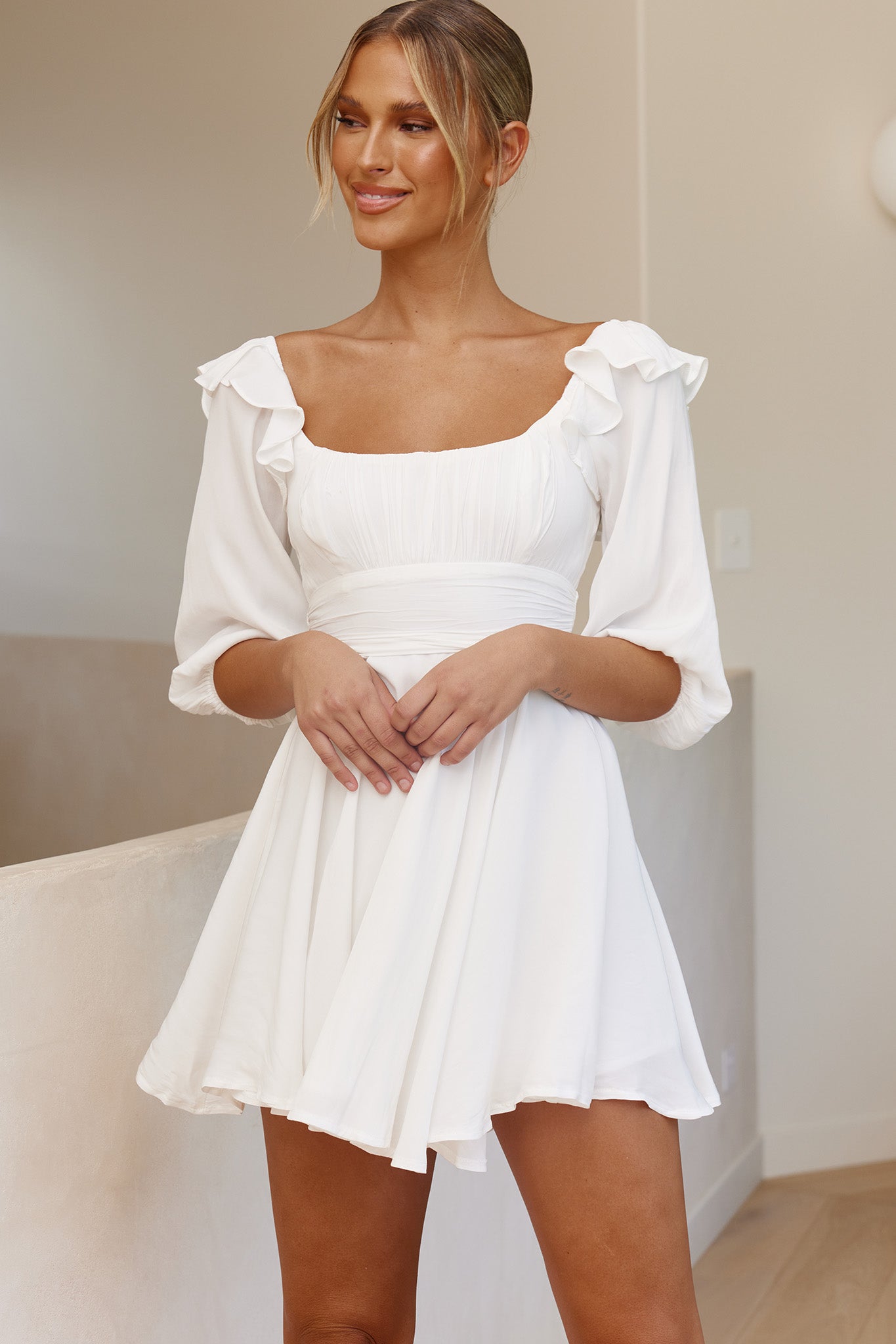 Only Yours Frill Trim Waist Tie Satin Mini Dress White