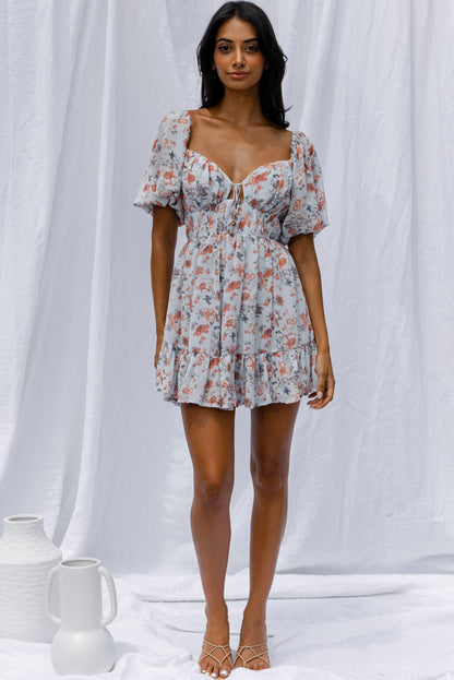 Vista Del Mar Tied Bust Mini Dress Floral Steel Blue