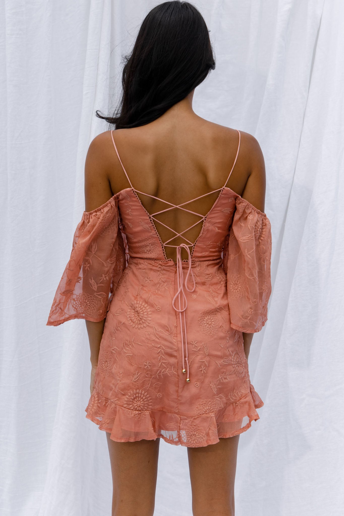 Koda Bell Sleeve Lace-Up Back Mini Dress Peach