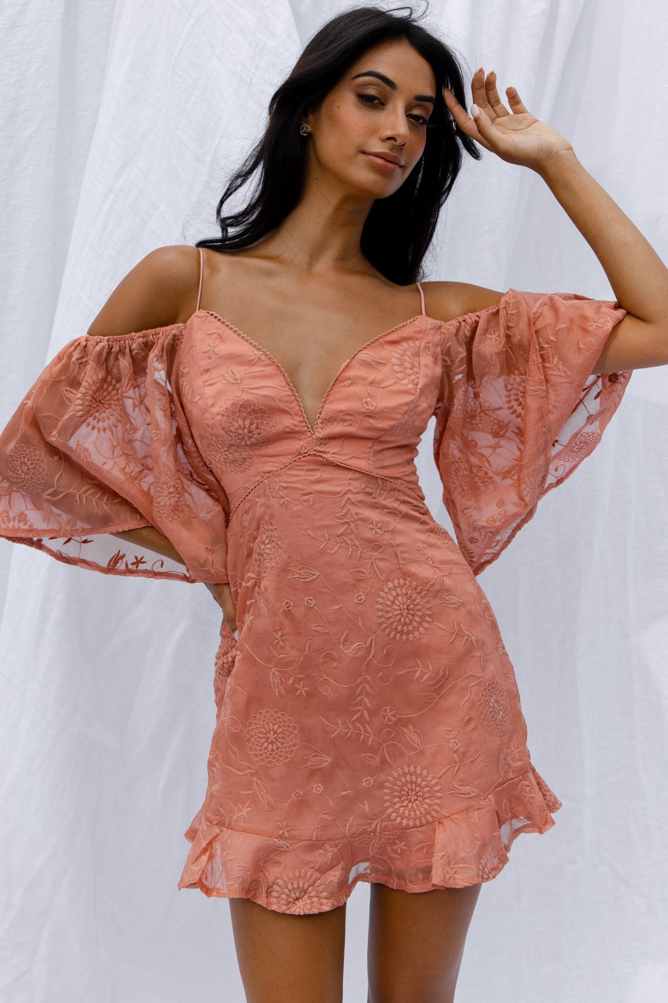 Koda Bell Sleeve Lace-Up Back Mini Dress Peach