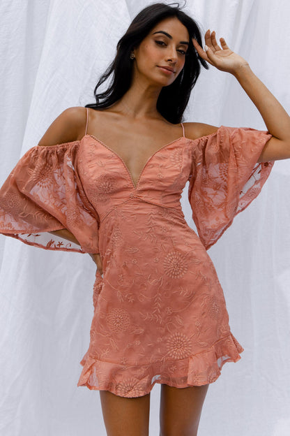 Koda Bell Sleeve Lace-Up Back Mini Dress Peach
