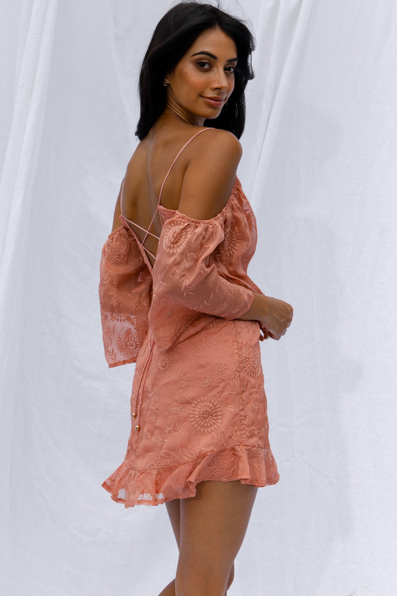 Koda Bell Sleeve Lace-Up Back Mini Dress Peach