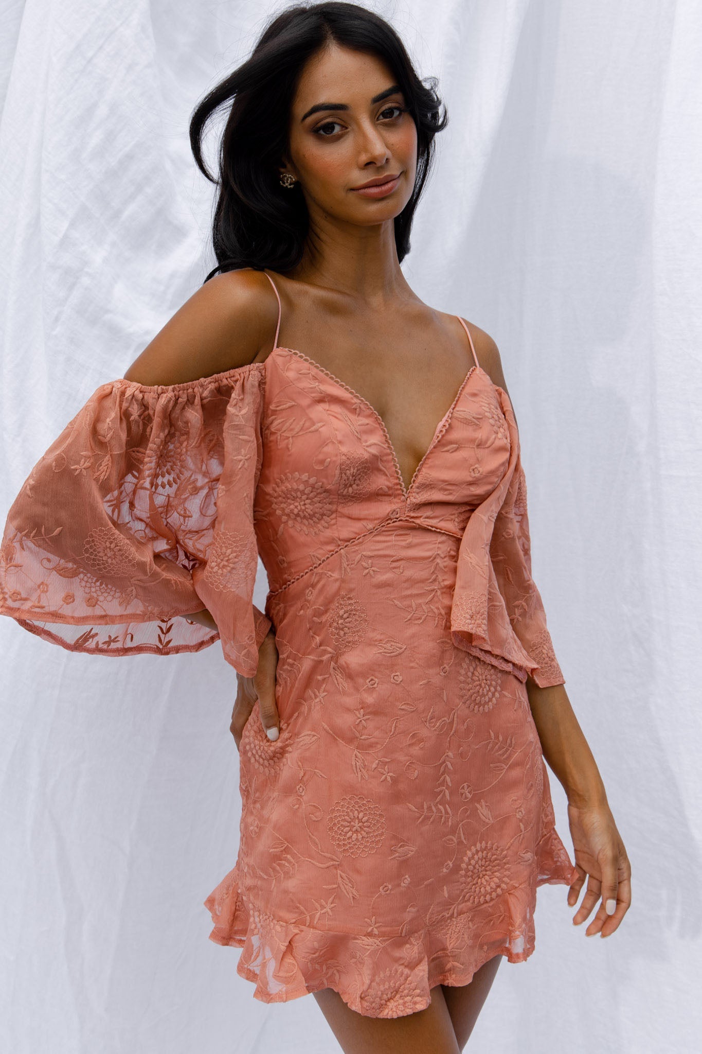 Koda Bell Sleeve Lace-Up Back Mini Dress Peach