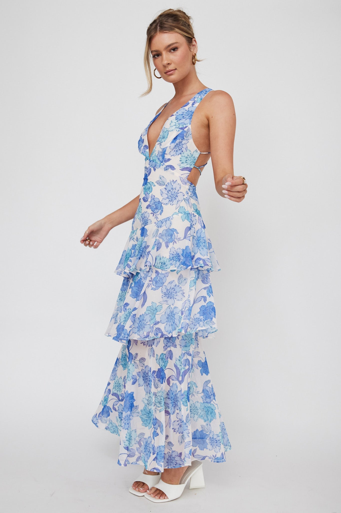 Veda Strappy Back Ruffle Midi Dress Floral Blue