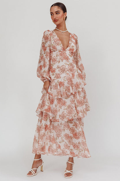 Veda Long Sleeve Floral Tiered Ruffle Maxi Dress Peach