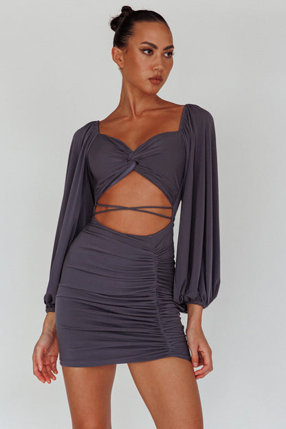 In Luck Cut-Out Waist Ruched Mini Dress Charcoal