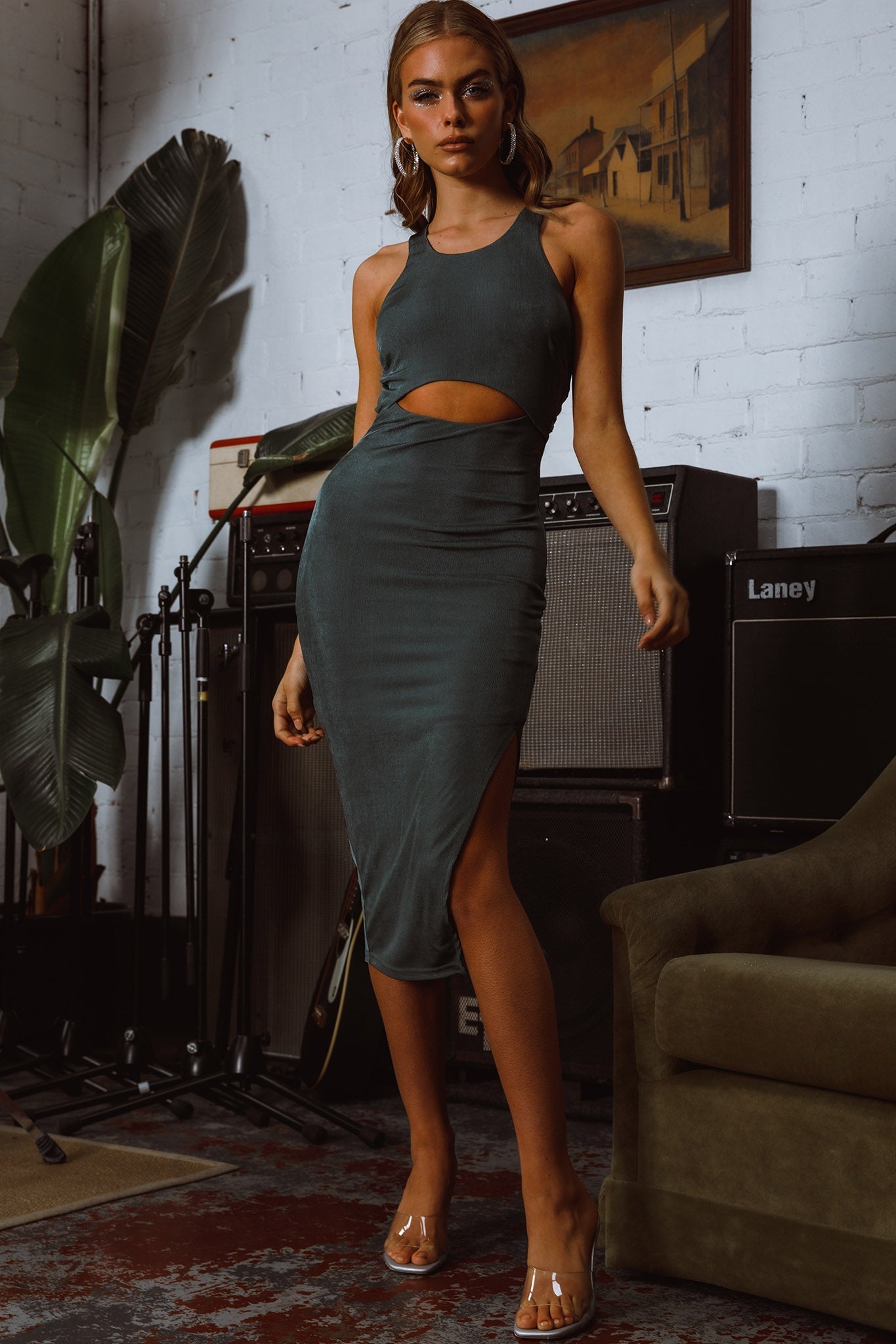 Dominique Cut-Out Twist Midi Dress Olive