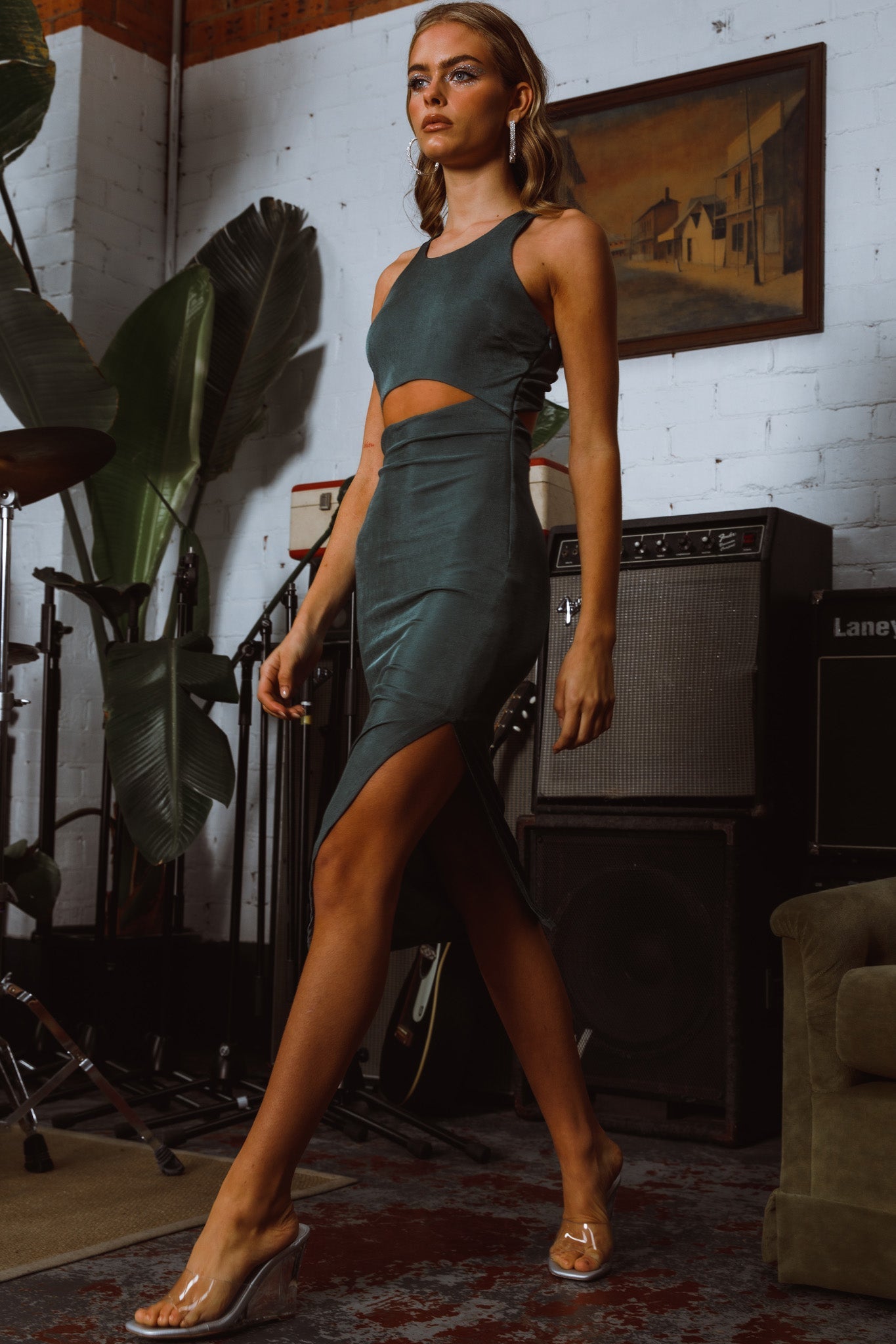 Dominique Cut-Out Twist Midi Dress Olive