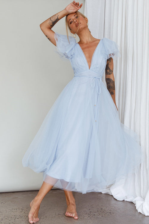 Leap Of Faith Frill Shoulder Tulle Midi Dress Blue
