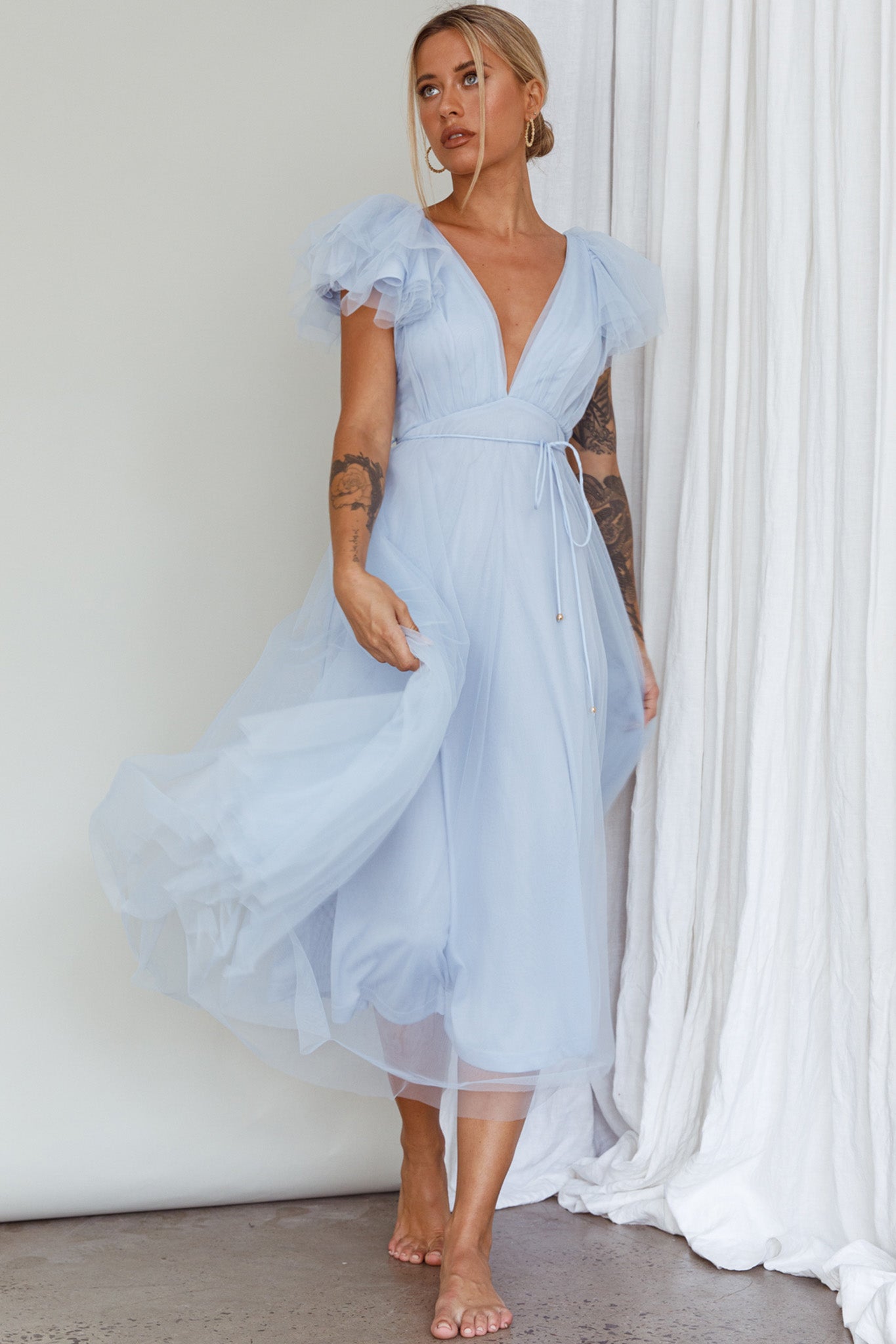 Leap Of Faith Frill Shoulder Tulle Midi Dress Blue