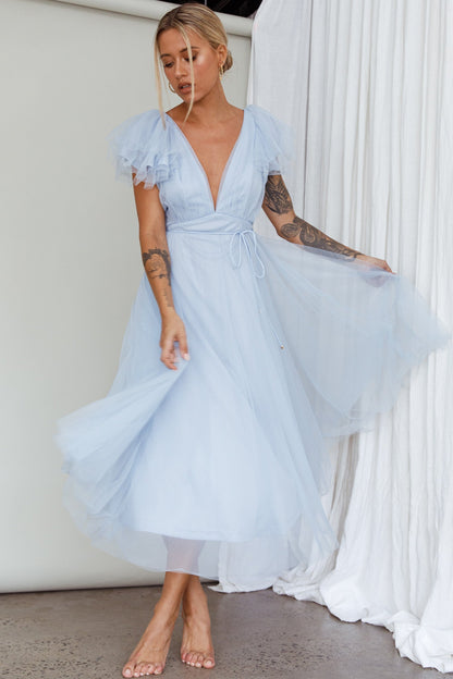 Leap Of Faith Frill Shoulder Tulle Midi Dress Blue