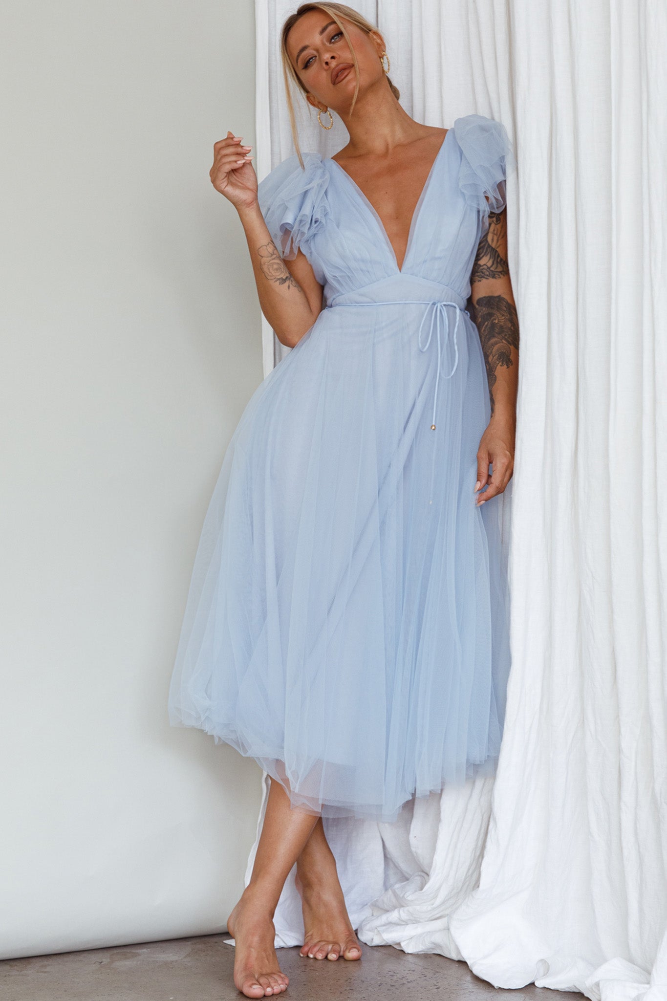 Leap Of Faith Frill Shoulder Tulle Midi Dress Blue