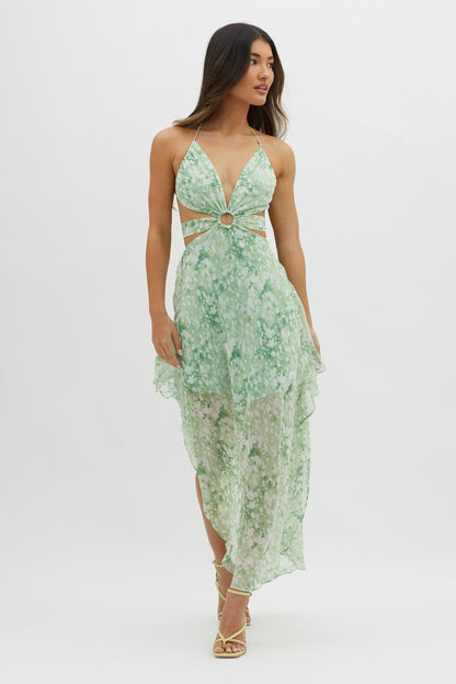 Samia Cut-Out Halterneck Midi Dress Print Green