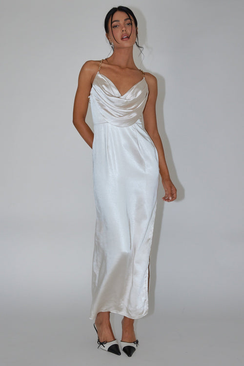 Emanuella Chain Strap Satin Midi Dress Champagne