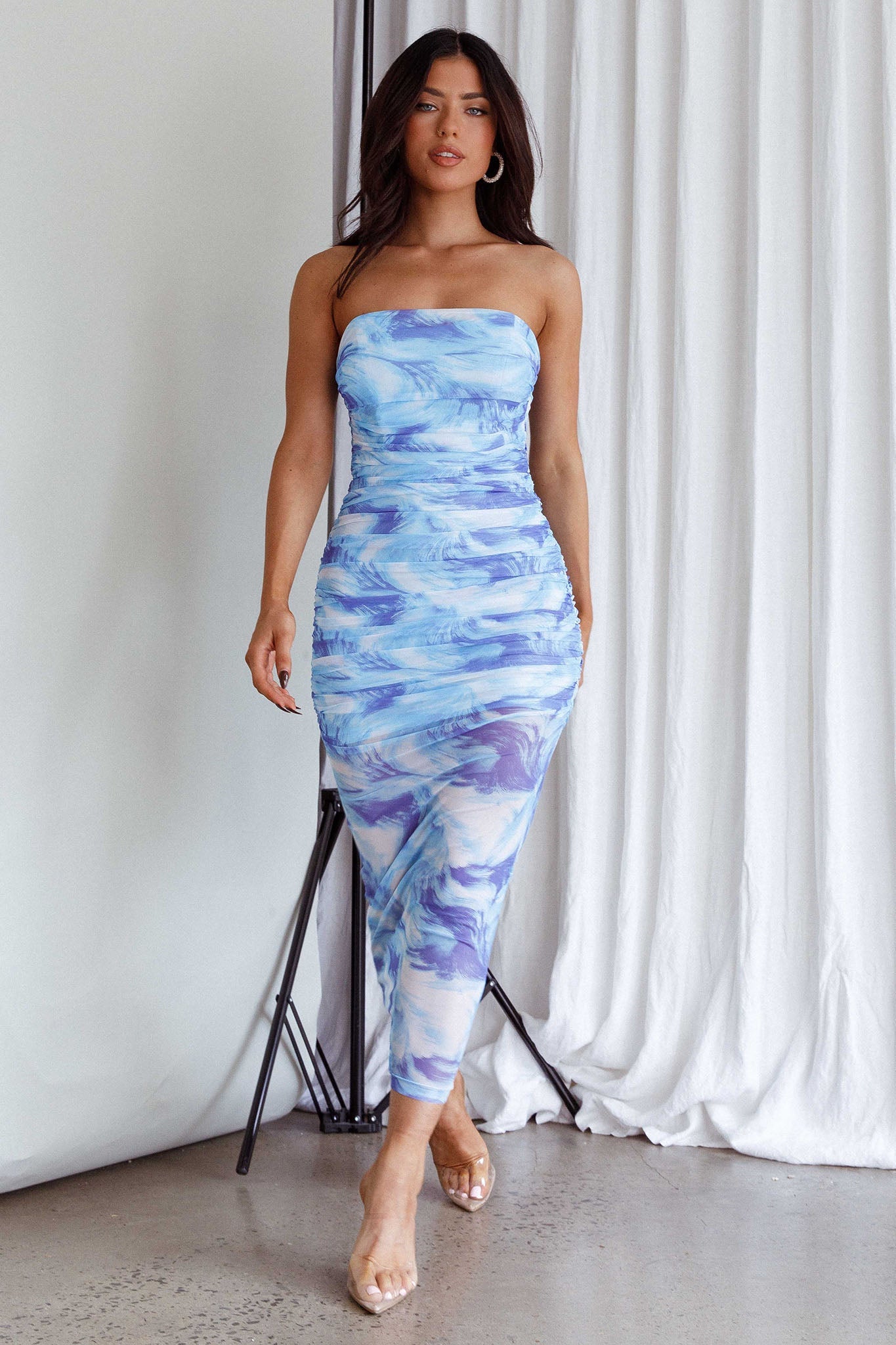 Logan Strapless Ruched Midi Dress Blue