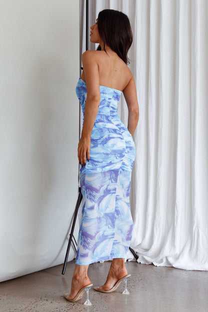 Logan Strapless Ruched Midi Dress Blue