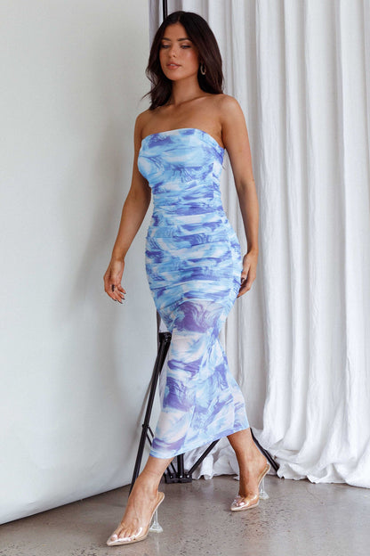 Logan Strapless Ruched Midi Dress Blue