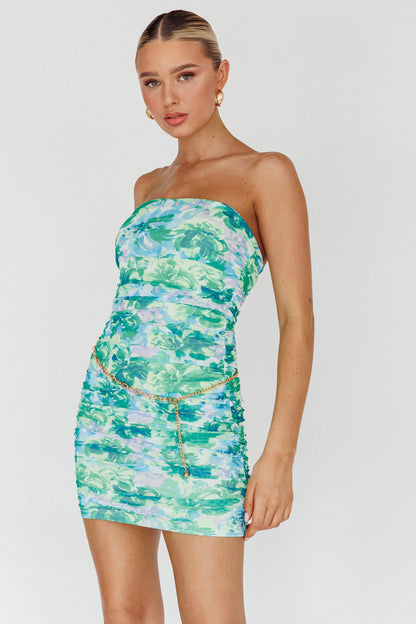 Logan Strapless Ruched Dress Floral Green