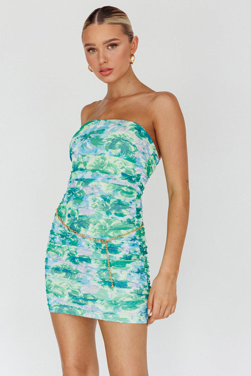 Logan Strapless Ruched Dress Floral Green