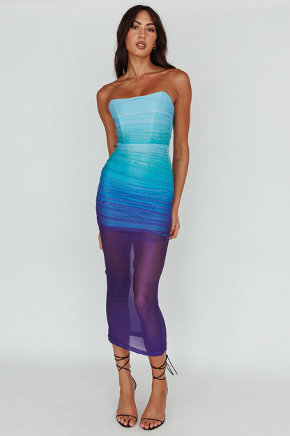 Logan Strapless Ruched Midi Dress Gradient Blue