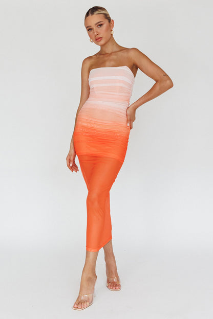 Logan Strapless Ruched Midi Dress Gradient Orange