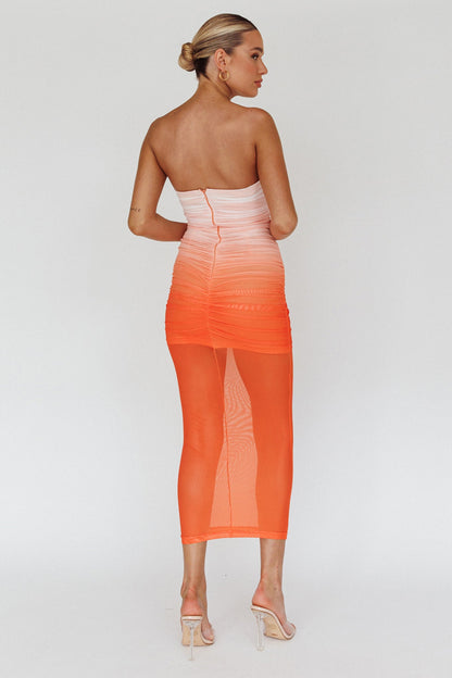 Logan Strapless Ruched Midi Dress Gradient Orange