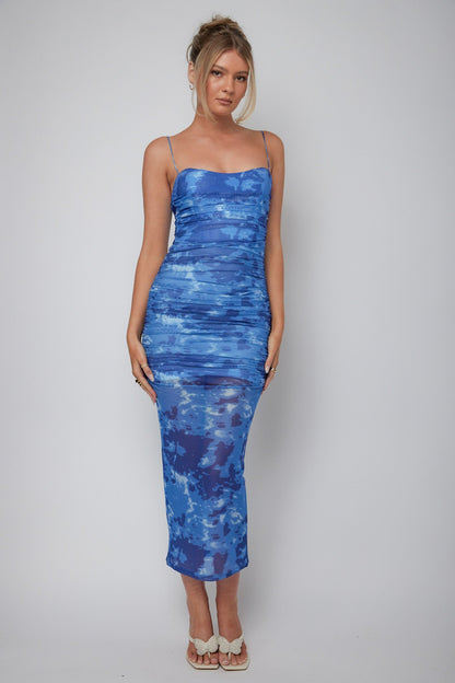 Logan Ruched Midi Dress Mottled Blue