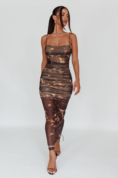 Logan Strapless Ruched Midi Dress Brown