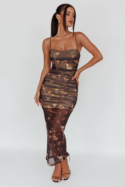 Logan Strapless Ruched Midi Dress Brown
