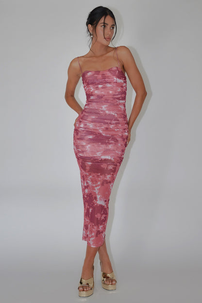 Logan Strapless Ruched Midi Dress Print Wine