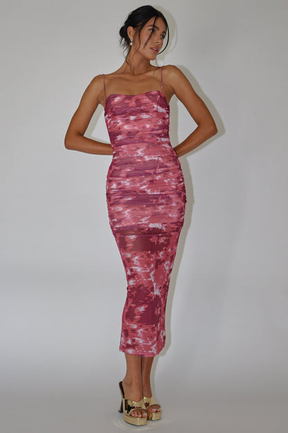 Logan Strapless Ruched Midi Dress Print Wine