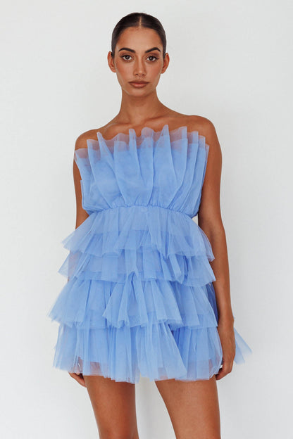 Bon Bon Tiered Mesh Mini Dress Steel Blue