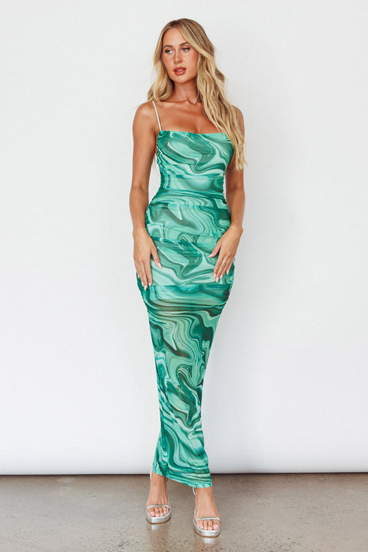 Love In Miami Lace-Up Back Maxi Dress Marble Green