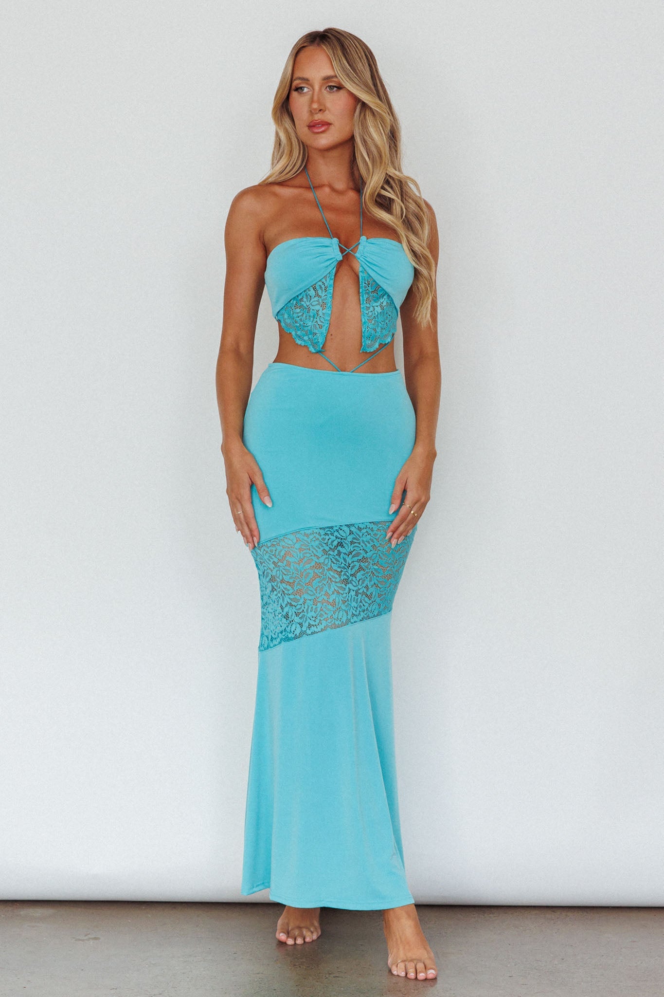 Florida Lace Insert Cut-Out Maxi Dress Blue
