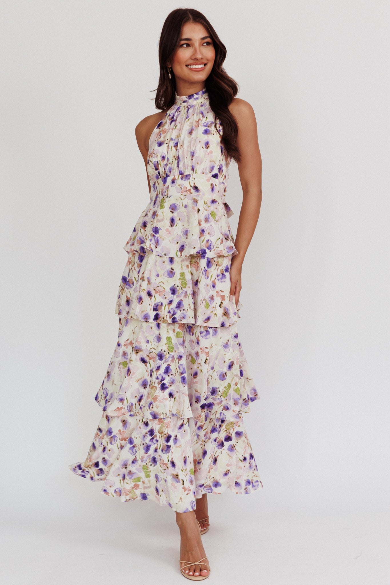 Provence Bloom Tiered Halterneck Dress Blue
