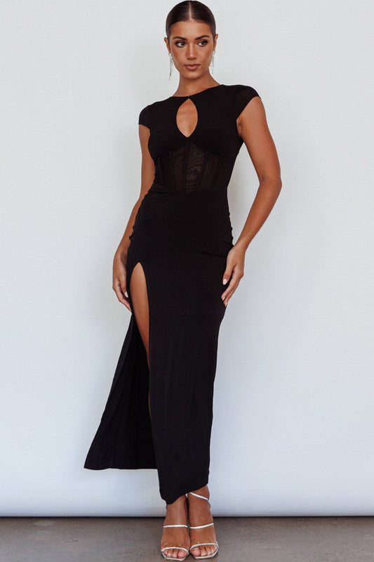 Capricorn Cap Sleeve Keyhole Maxi Dress Black