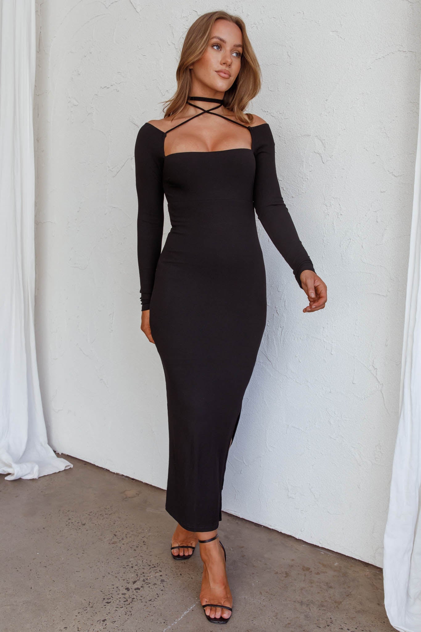 News Flash Long Sleeve Midi Dress Black