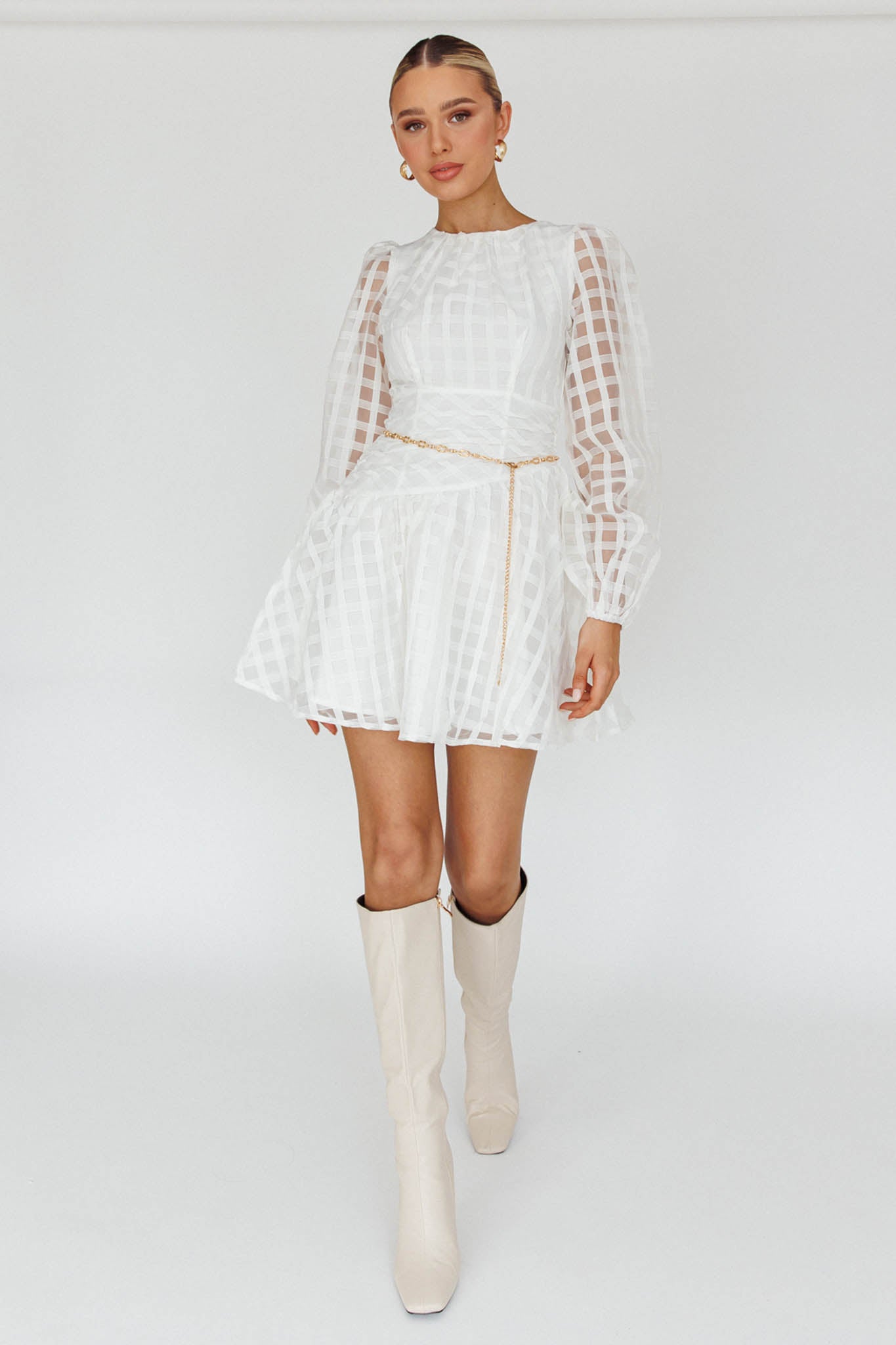 Tatiana Long Sleeve Plaid Mini Dress White