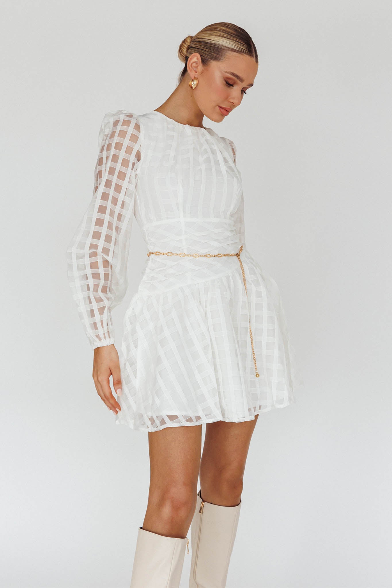 Tatiana Long Sleeve Plaid Mini Dress White