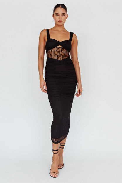Oliana Embroidered Mesh Midi Dress Black