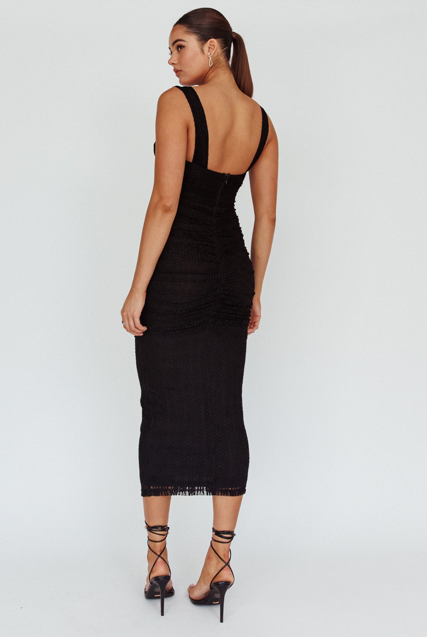 Oliana Embroidered Mesh Midi Dress Black