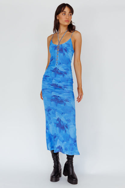 Gypsy Garden Laced Bodice Ruched Midi Dress Blue
