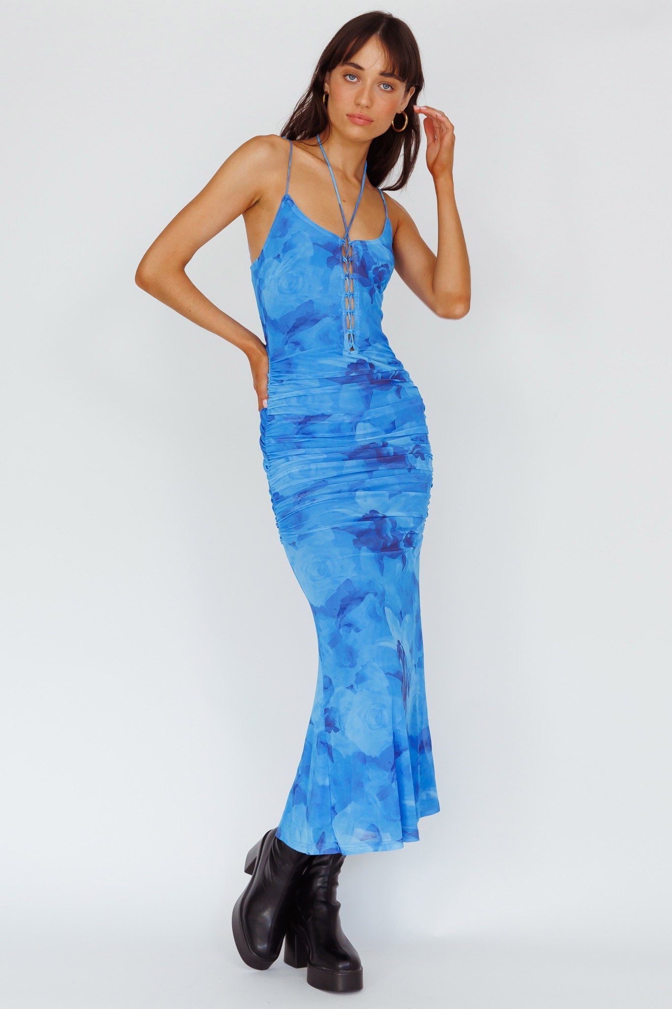Gypsy Garden Laced Bodice Ruched Midi Dress Blue