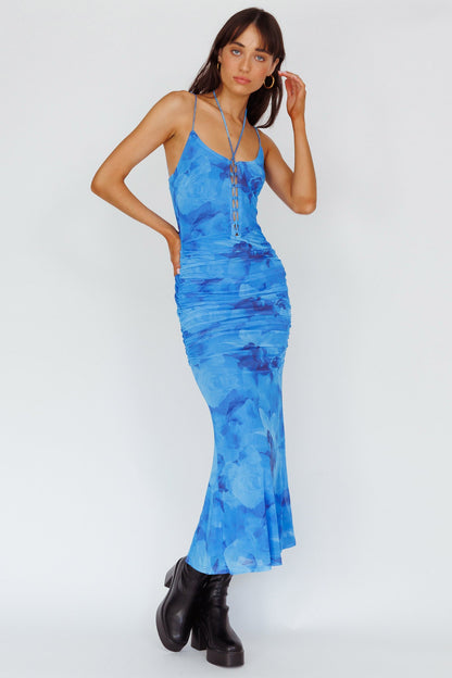 Gypsy Garden Laced Bodice Ruched Midi Dress Blue